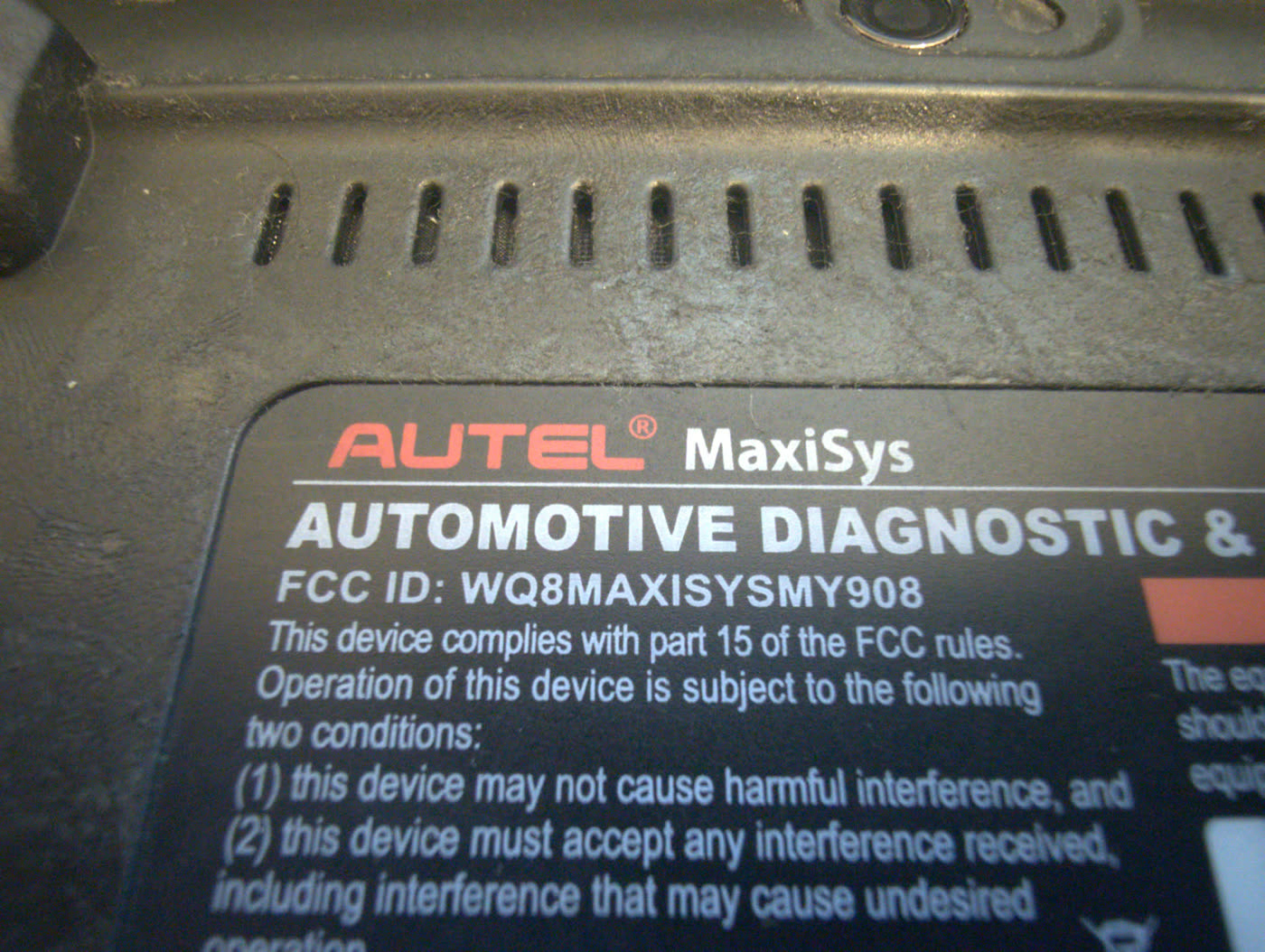 Autel MaxiSys MY908 label showing FCC ID WQ8MAXISYSMY908