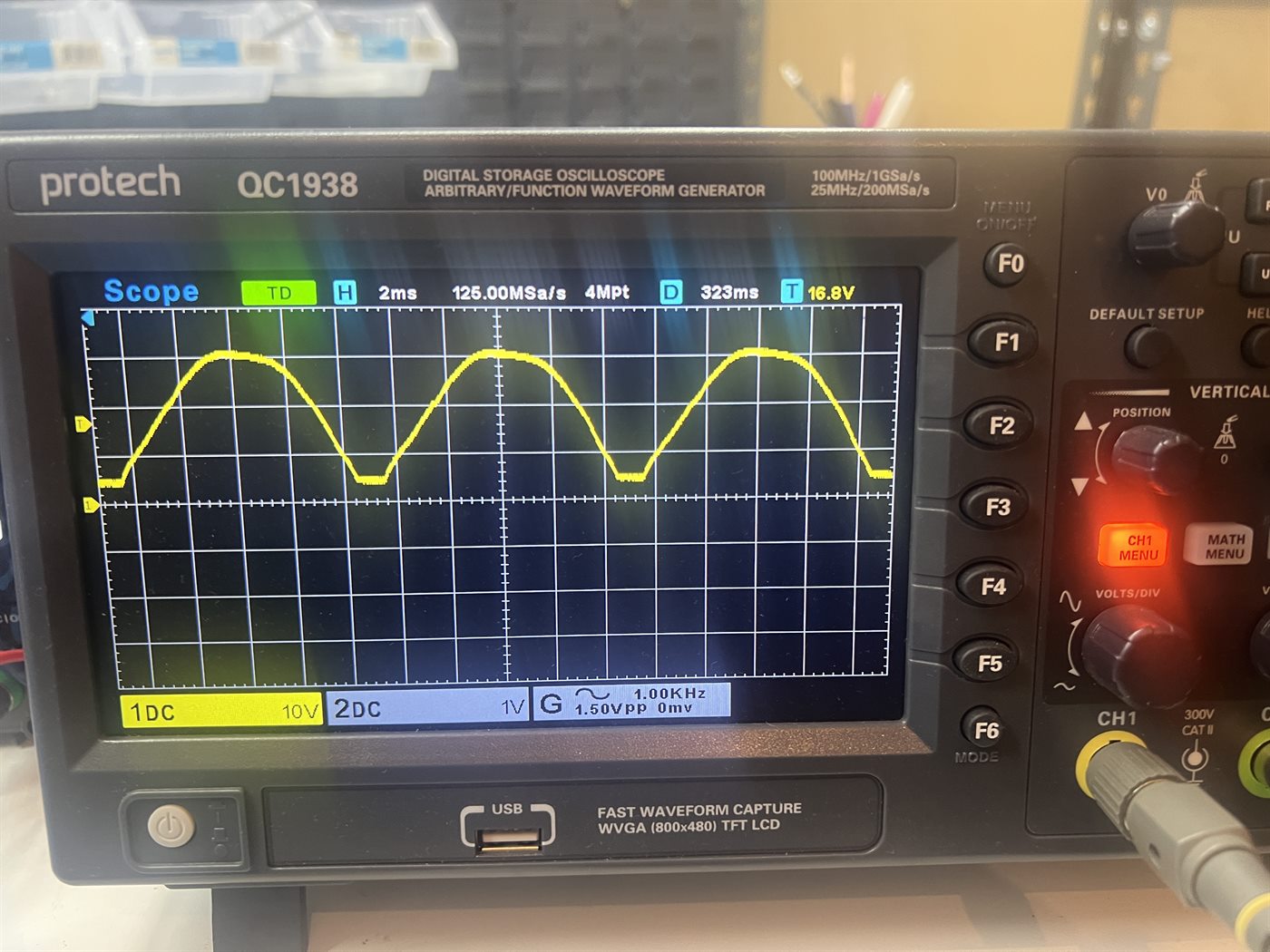 Oscilloscope showing the controller waveform during testing