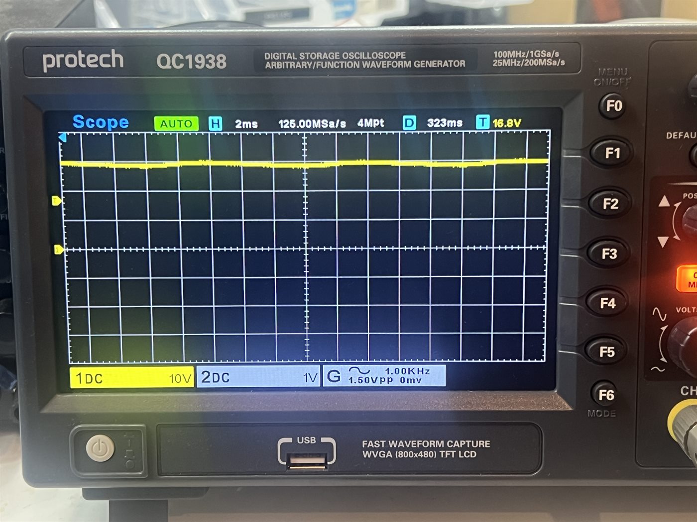 Oscilloscope displaying full-wave rectified AC with large ripple