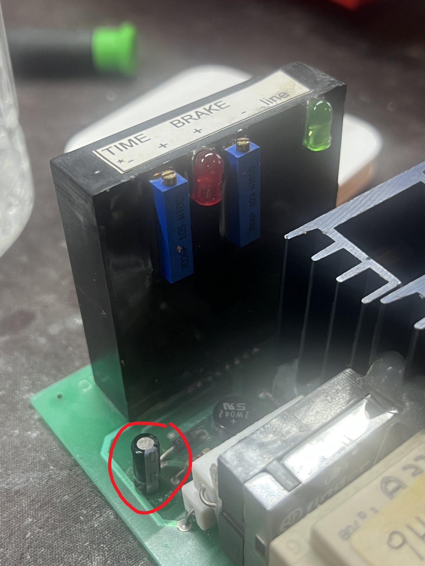 Failed capacitor on an industrial mixer brake controller board