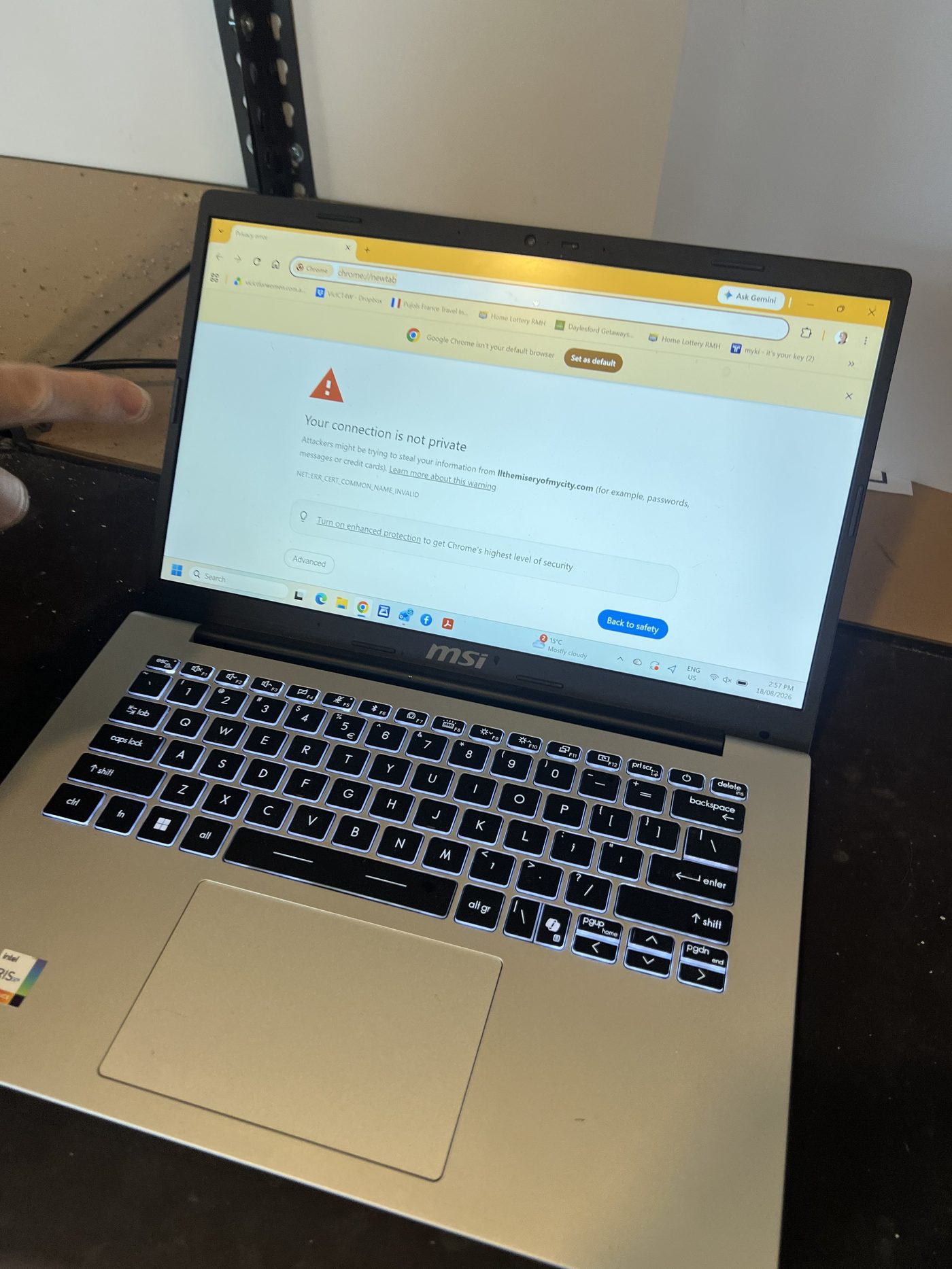 Customer laptop showing a Chrome connection warning page