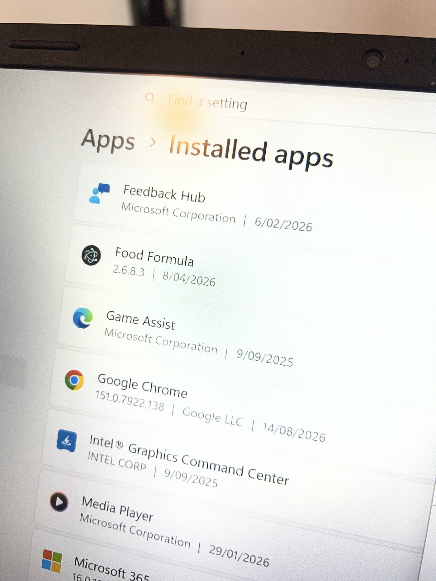 Windows installed apps list showing Food Formula installed